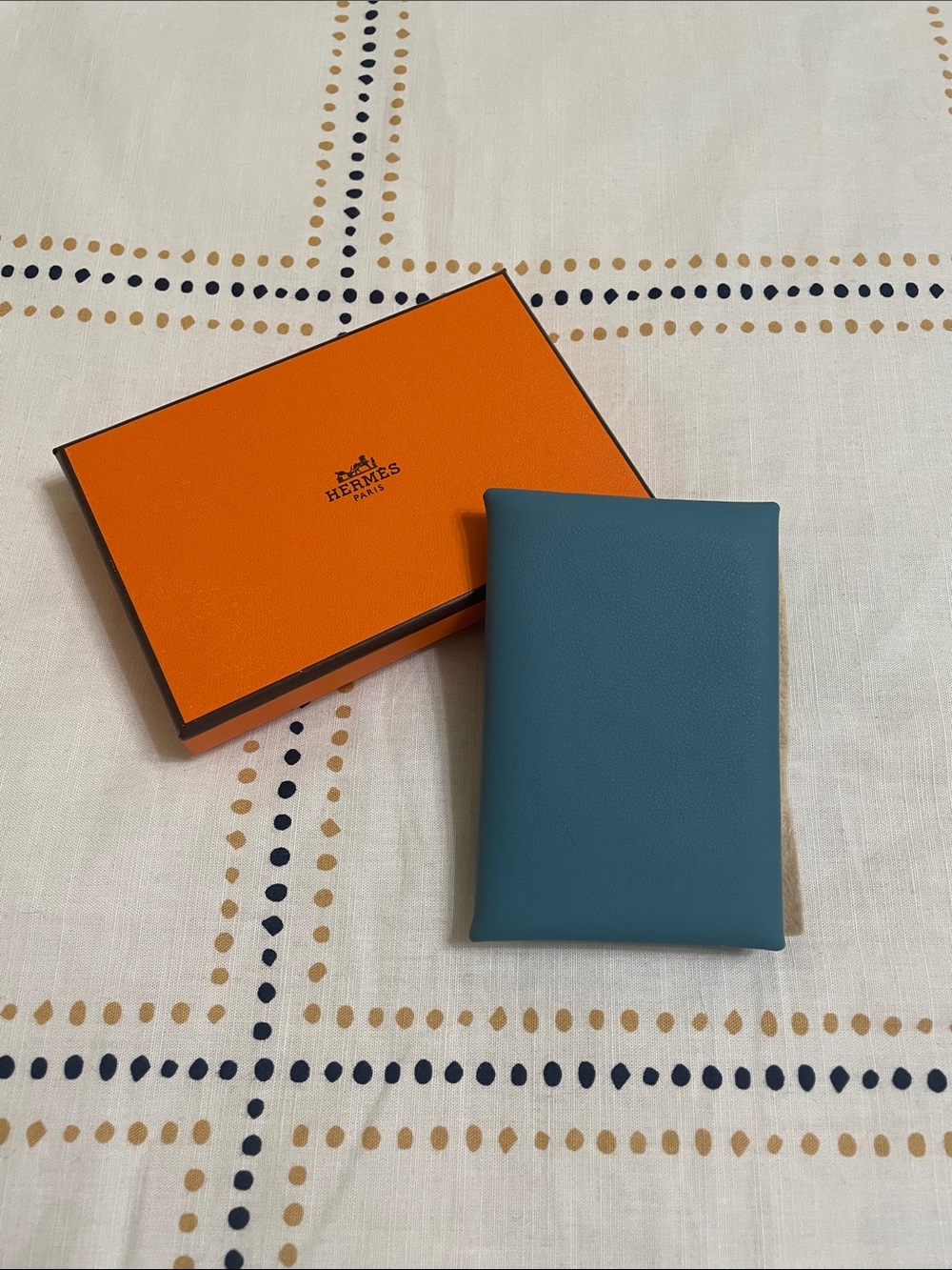 Hermes Calvi swift leather new blue jean & gold duo custom wallet
